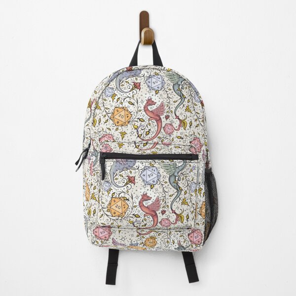 VINTAGE MEDIEVAL DRAGON AND D20 DICE, Dnd pattern, floral, blue, yellow, pink Backpack RB1810 product Offical criticalrole Merch